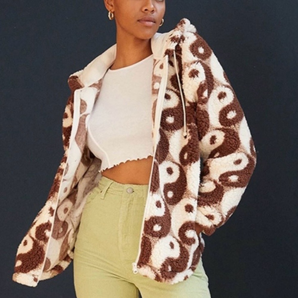 PacSun Sherpa Hoodie Jacket XS – Yin Yang Print – Brown & Cream